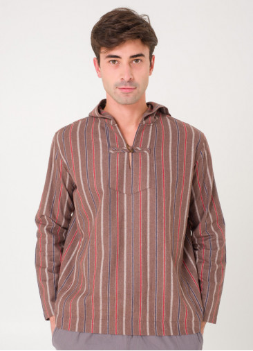 Shepherd Button Detailed Hooded Brown Striped Men's Shirt